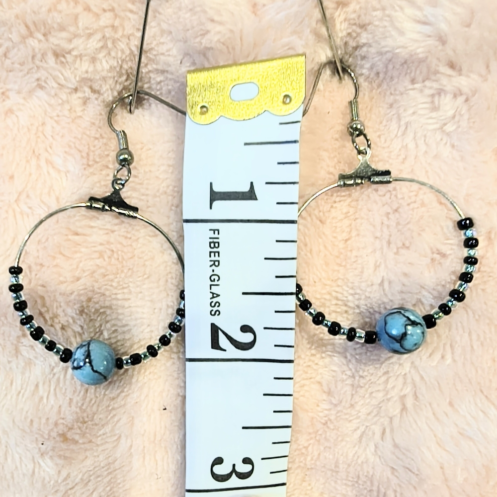 Turquoise and Black Beaded Hoop Earrings